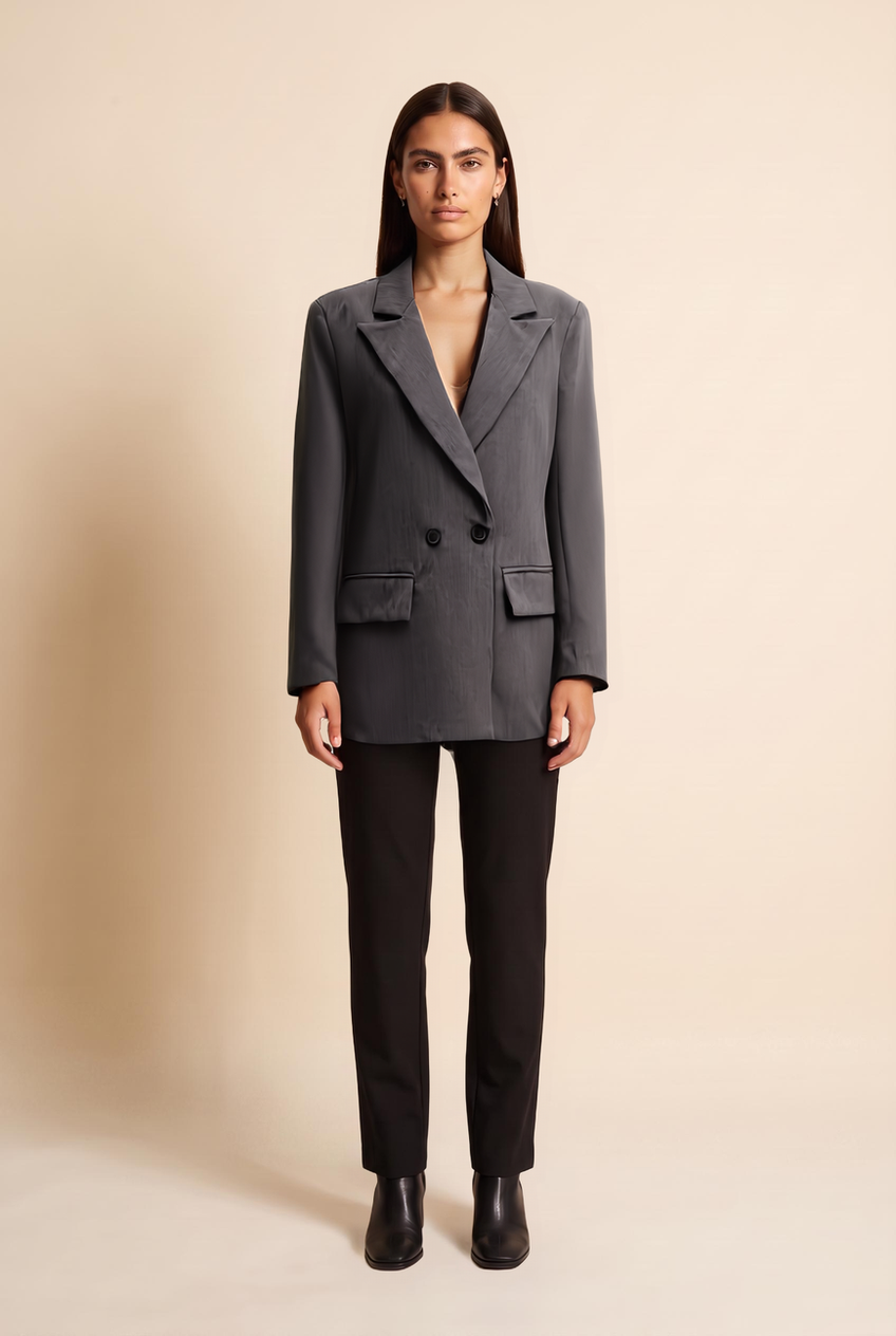 Kovelle double-breasted blazer in grey, front view on model