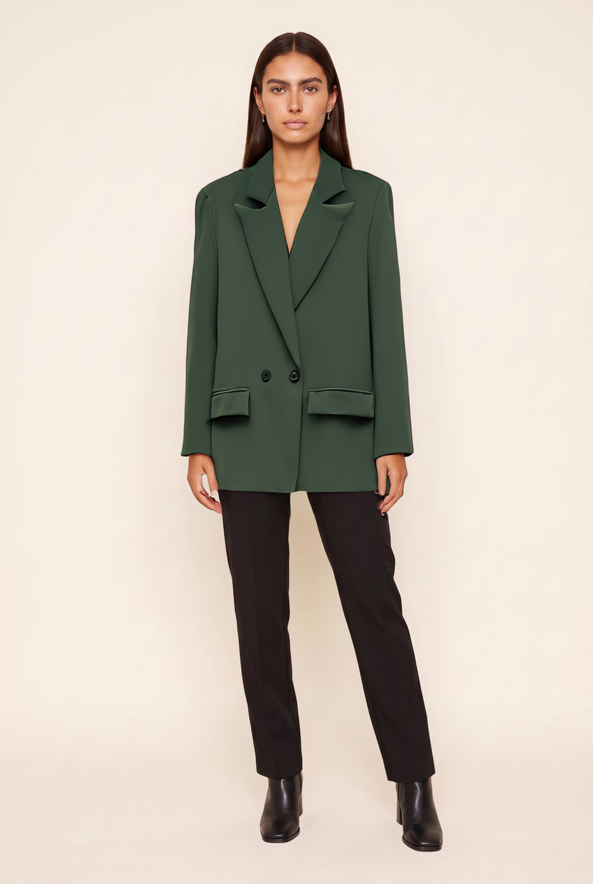 Kovelle double-breasted blazer in forest green, front view on model