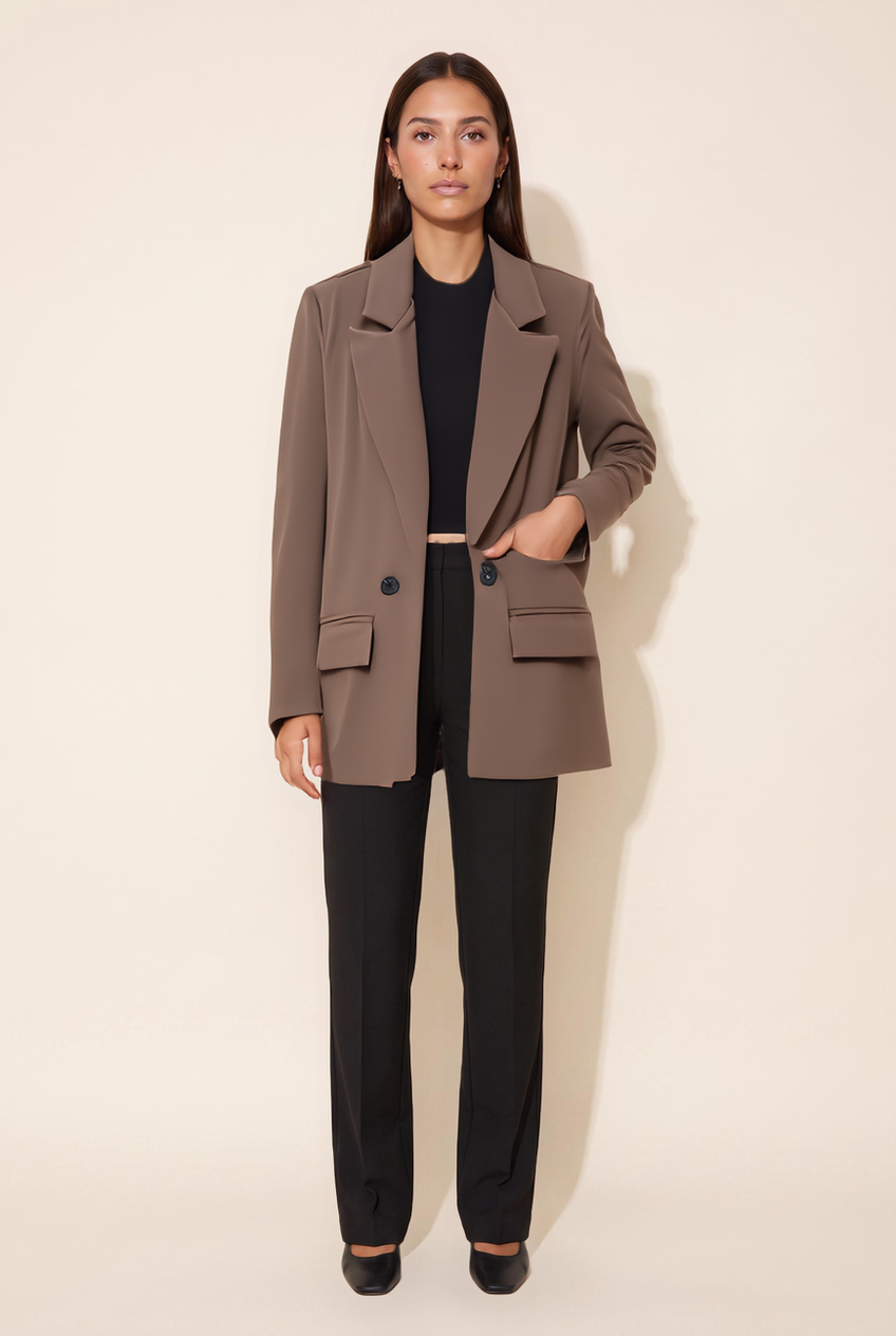 Kovelle double-breasted blazer in chocolate, close-up detail on model