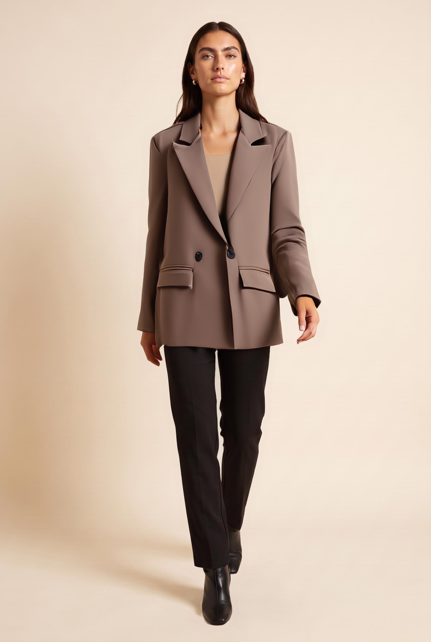 Kovelle double-breasted blazer in chocolate, walking, full length on model