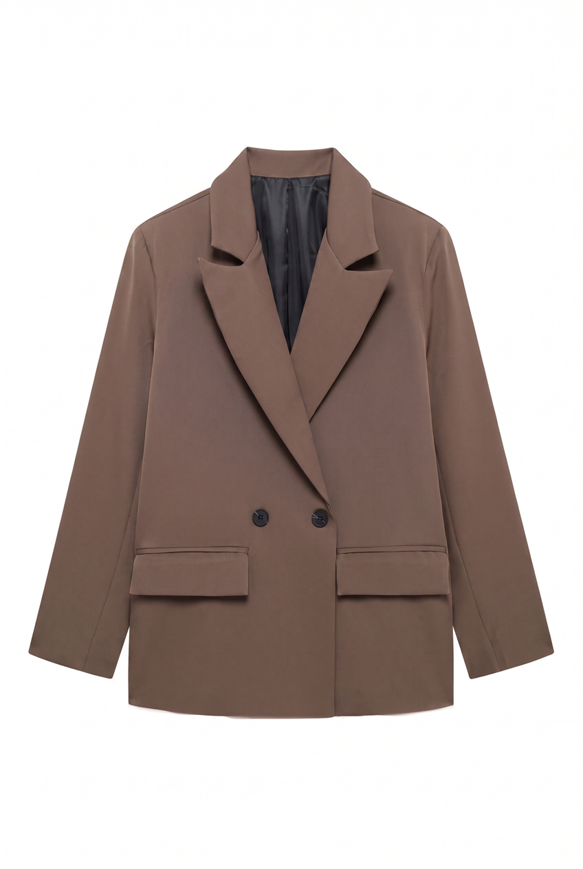 Kovelle double-breasted blazer in chocolate, flat product view showing the full garment