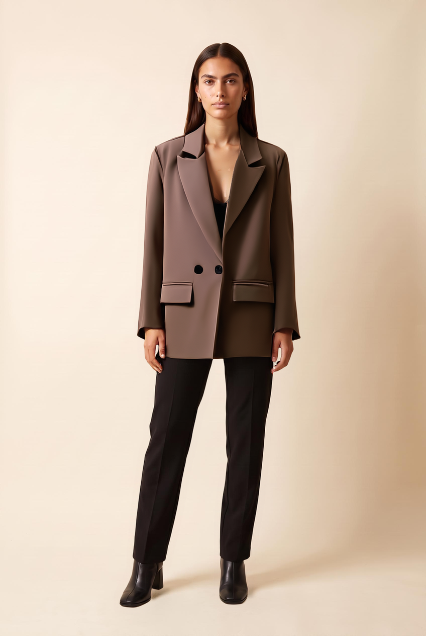 Kovelle double-breasted blazer in chocolate, front view on model