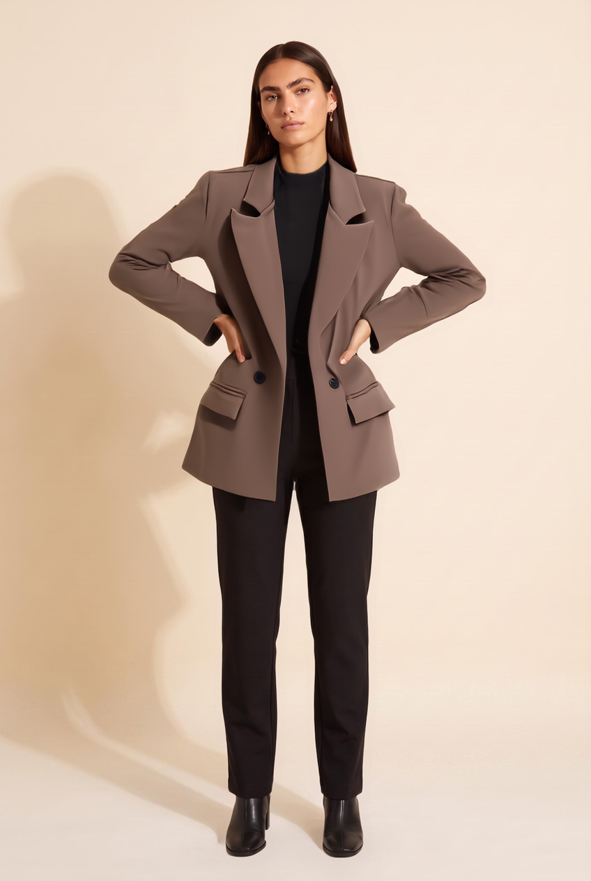 Kovelle double-breasted blazer in chocolate, back view on model