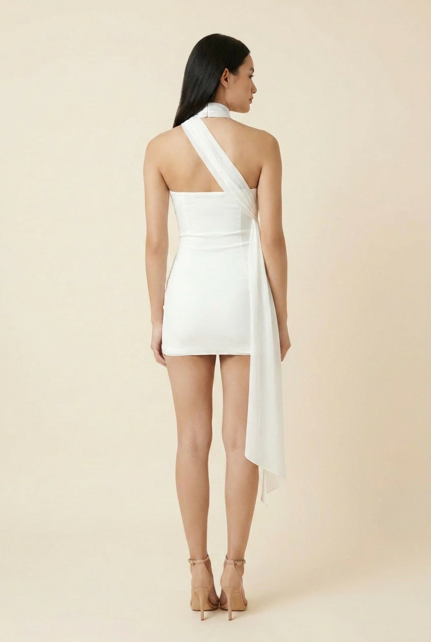 Kovelle draped scarf satin mini dress in white, back view with scarf drape, on model
