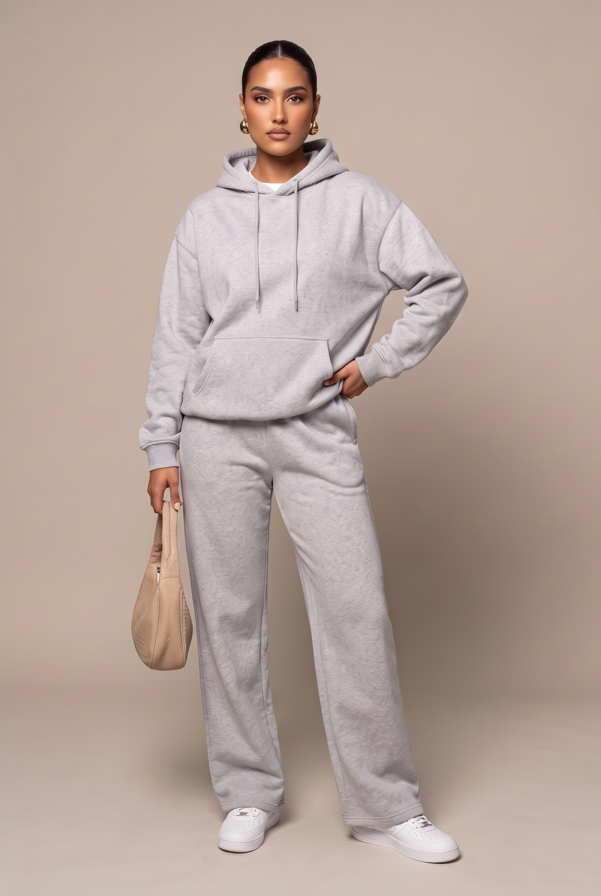 Kovelle everyday pullover hoodie in grey, front view on model