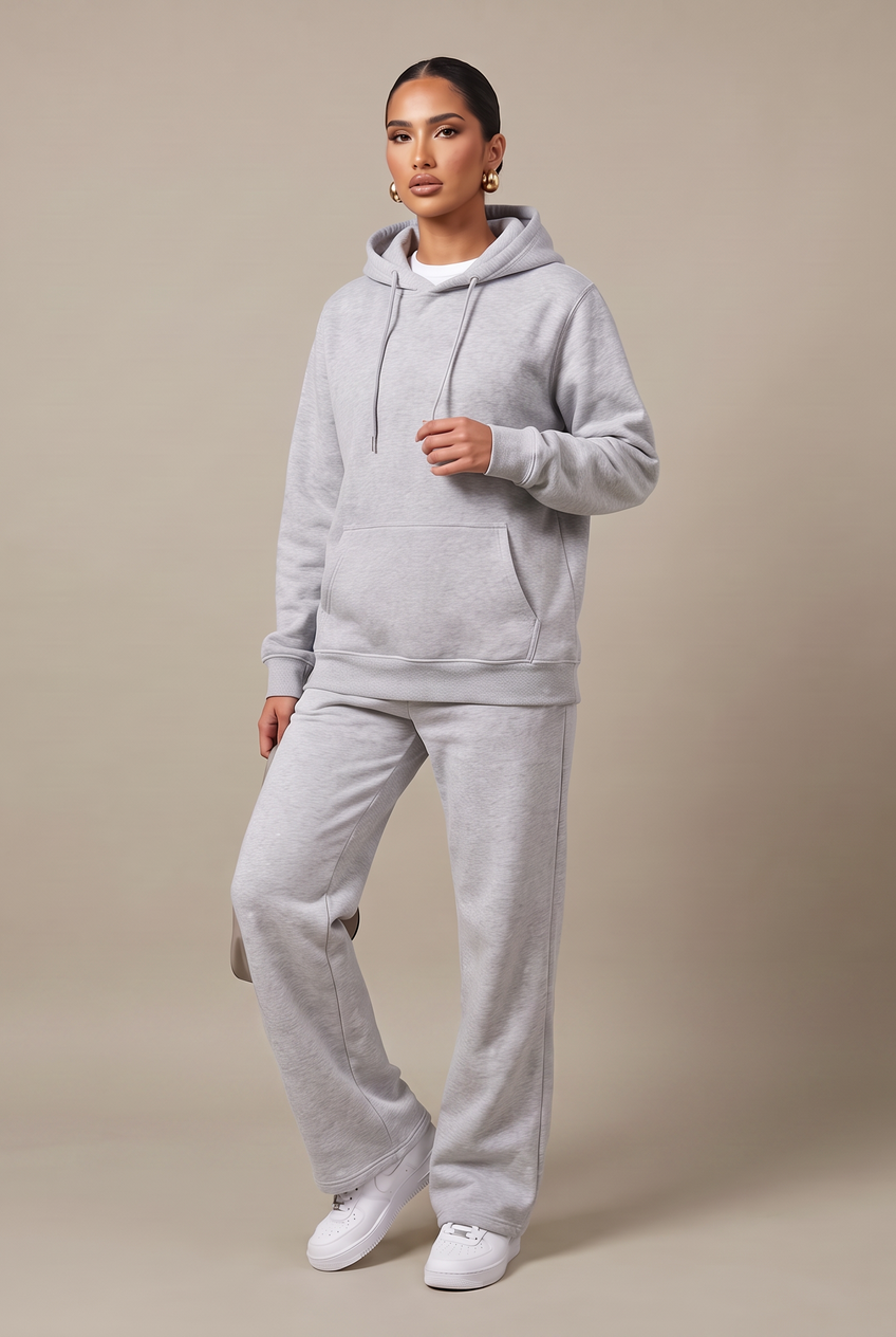 Kovelle everyday pullover hoodie in grey, full length on model