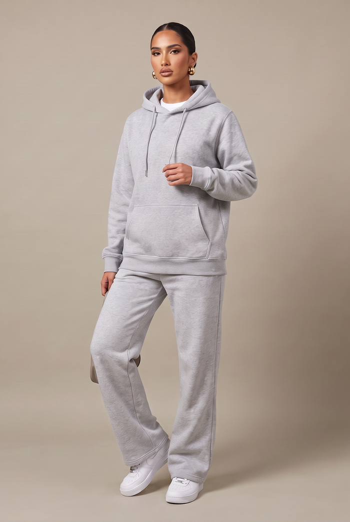 Kovelle everyday pullover hoodie in grey, full length on model