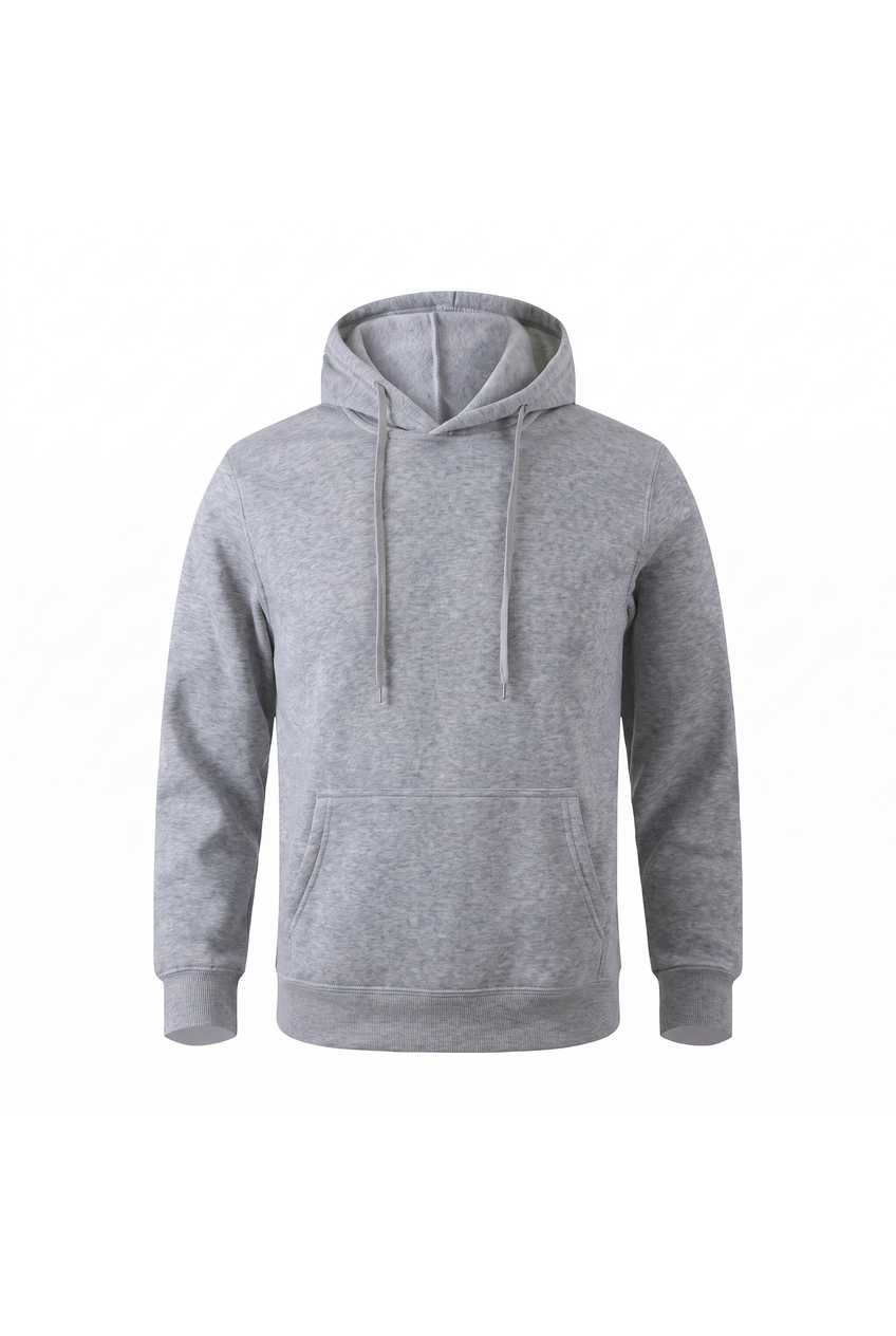 Kovelle everyday pullover hoodie in grey, flat product view showing the full garment