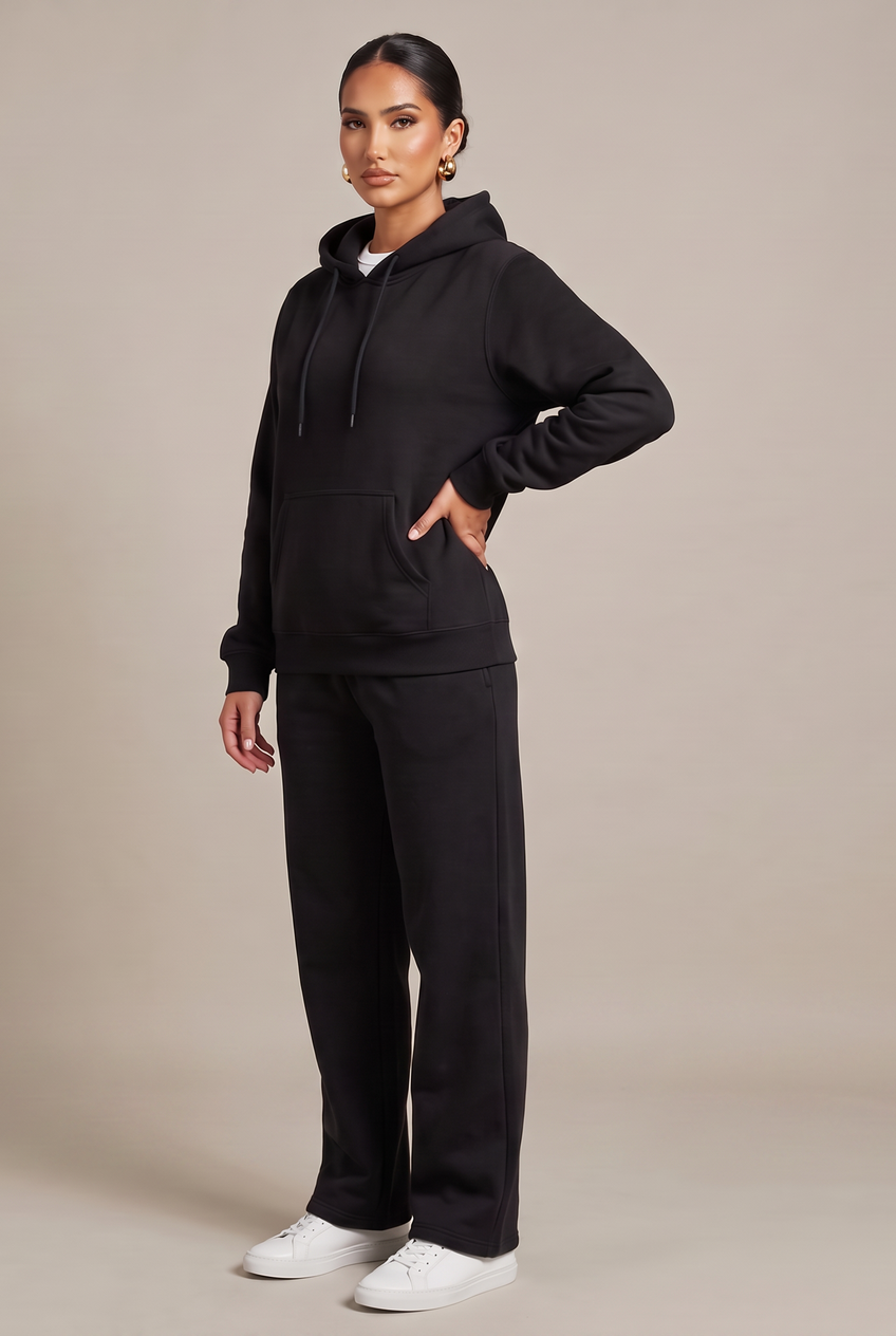 Kovelle everyday pullover hoodie in black, front view on model