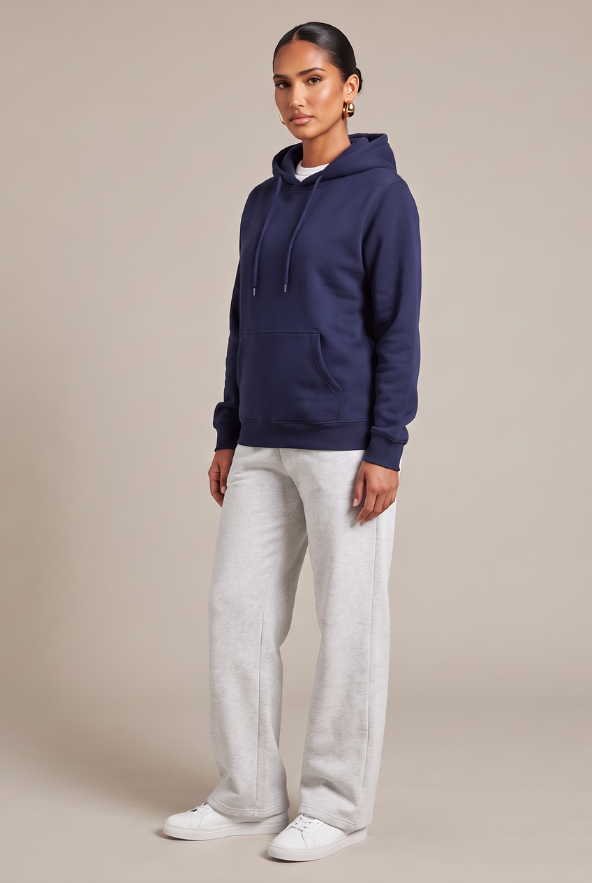 Kovelle everyday pullover hoodie in navy, front view on model