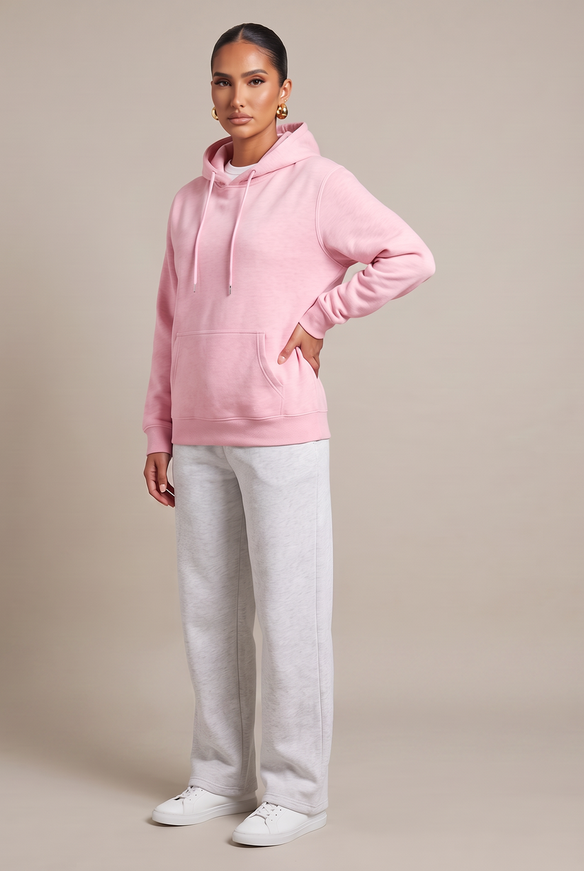 Kovelle everyday pullover hoodie in pink, front view on model