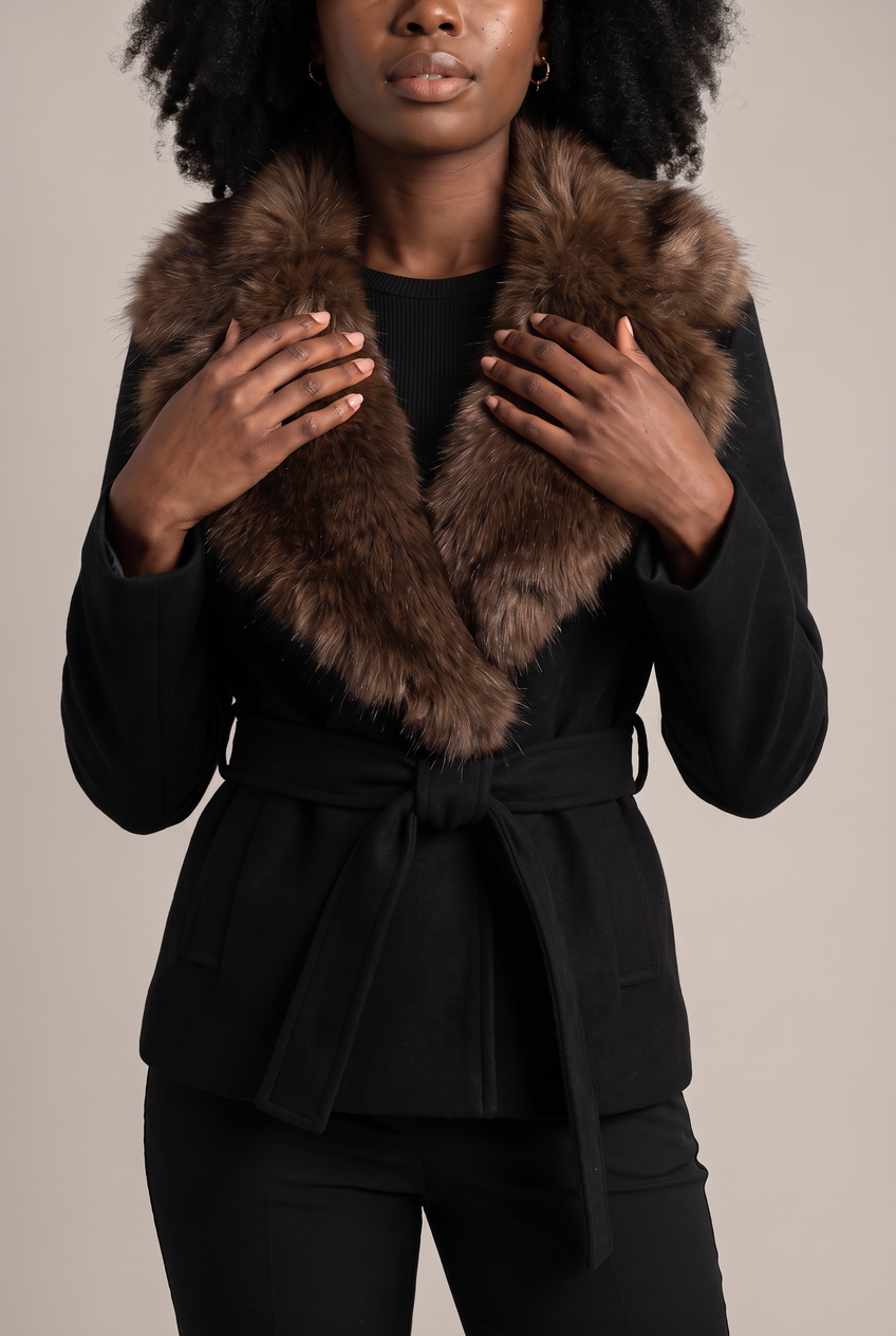 Kovelle faux fur collar belted coat in black, close-up detail on model