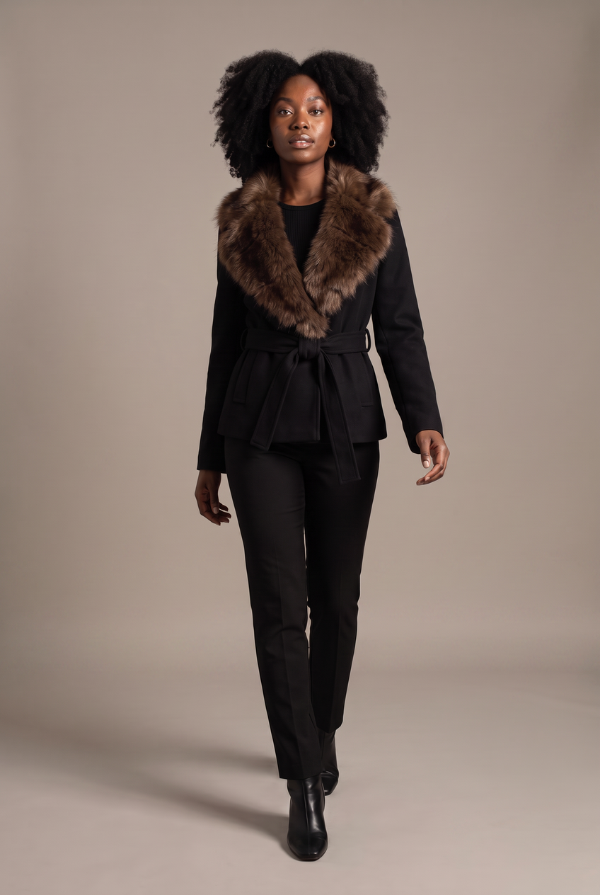 Kovelle faux fur collar belted coat in black, walking, full length on model