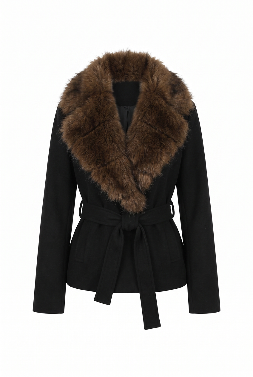 Kovelle faux fur collar belted coat in black, flat product view showing the full garment