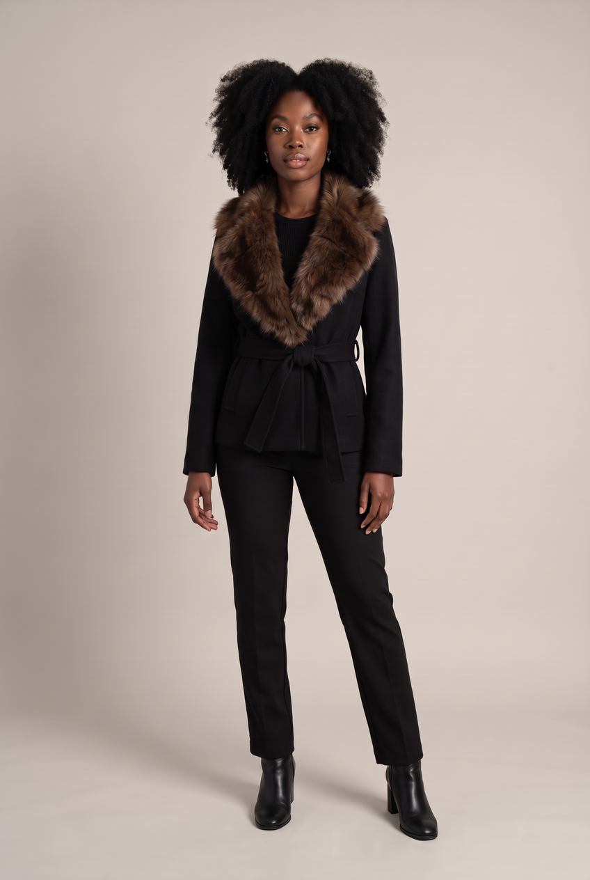 Kovelle faux fur collar belted coat in black, front view on model