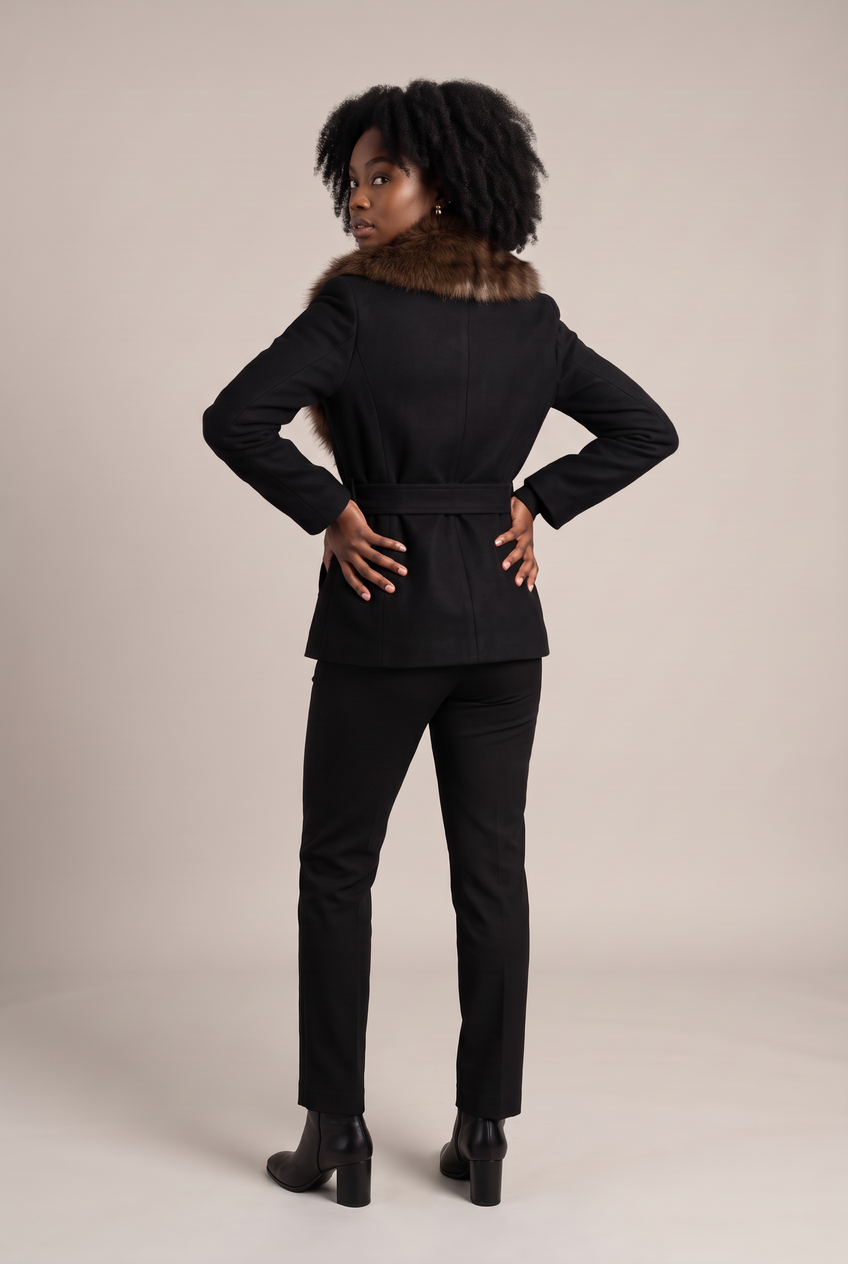 Kovelle faux fur collar belted coat in black, back view on model