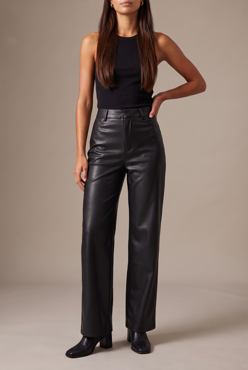 Kovelle faux leather wide leg trousers in black, close-up detail on model