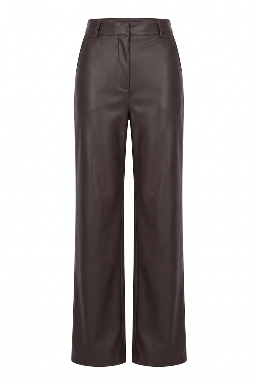 Kovelle faux leather wide leg trousers in chocolate, flat product view