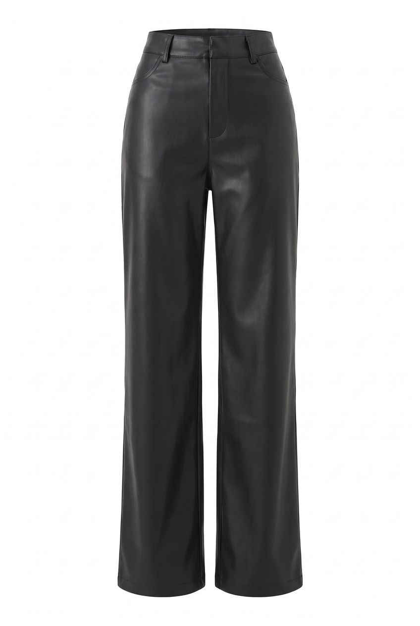 Kovelle faux leather wide leg trousers in black, flat product view showing the full garment