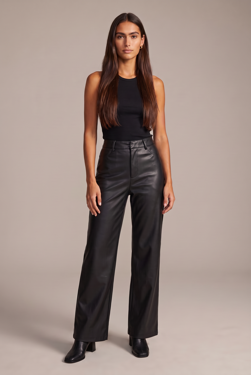 Kovelle faux leather wide leg trousers in black, front view on model