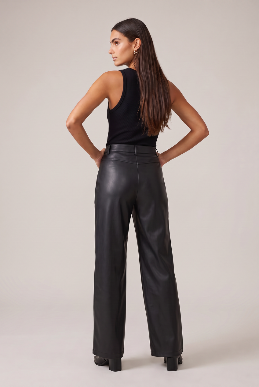 Kovelle faux leather wide leg trousers in black, back view on model