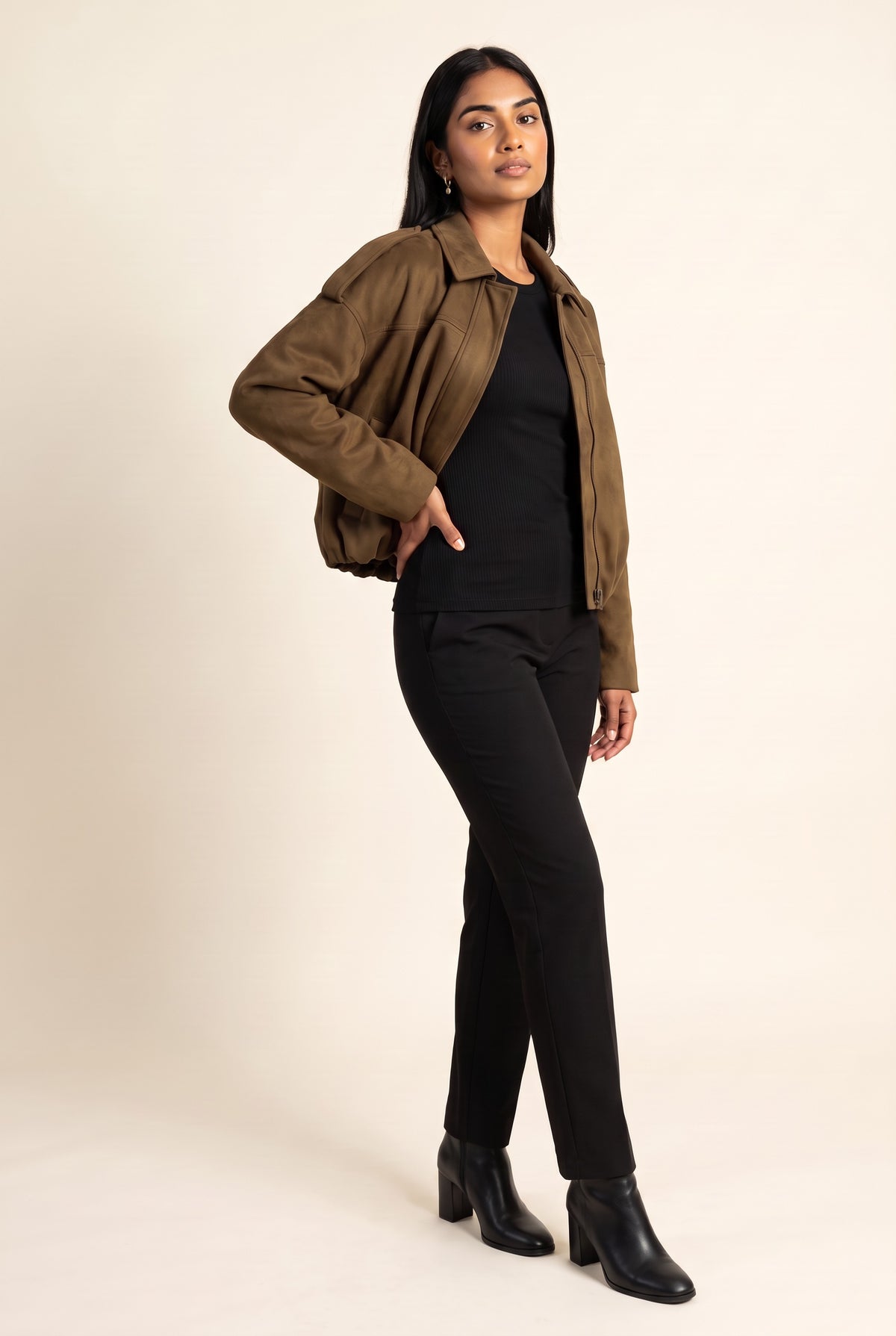 Kovelle faux suede bomber jacket in olive, front view on model
