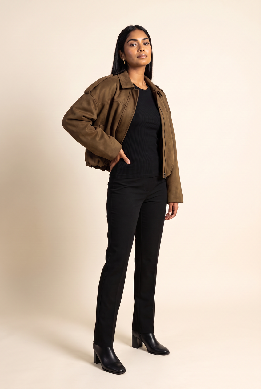 Kovelle faux suede bomber jacket in olive, front view on model