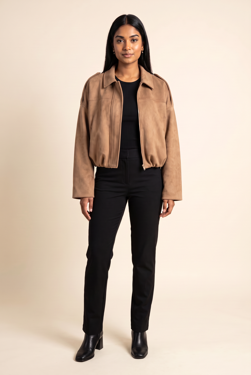 Kovelle faux suede bomber jacket in camel, front view on model