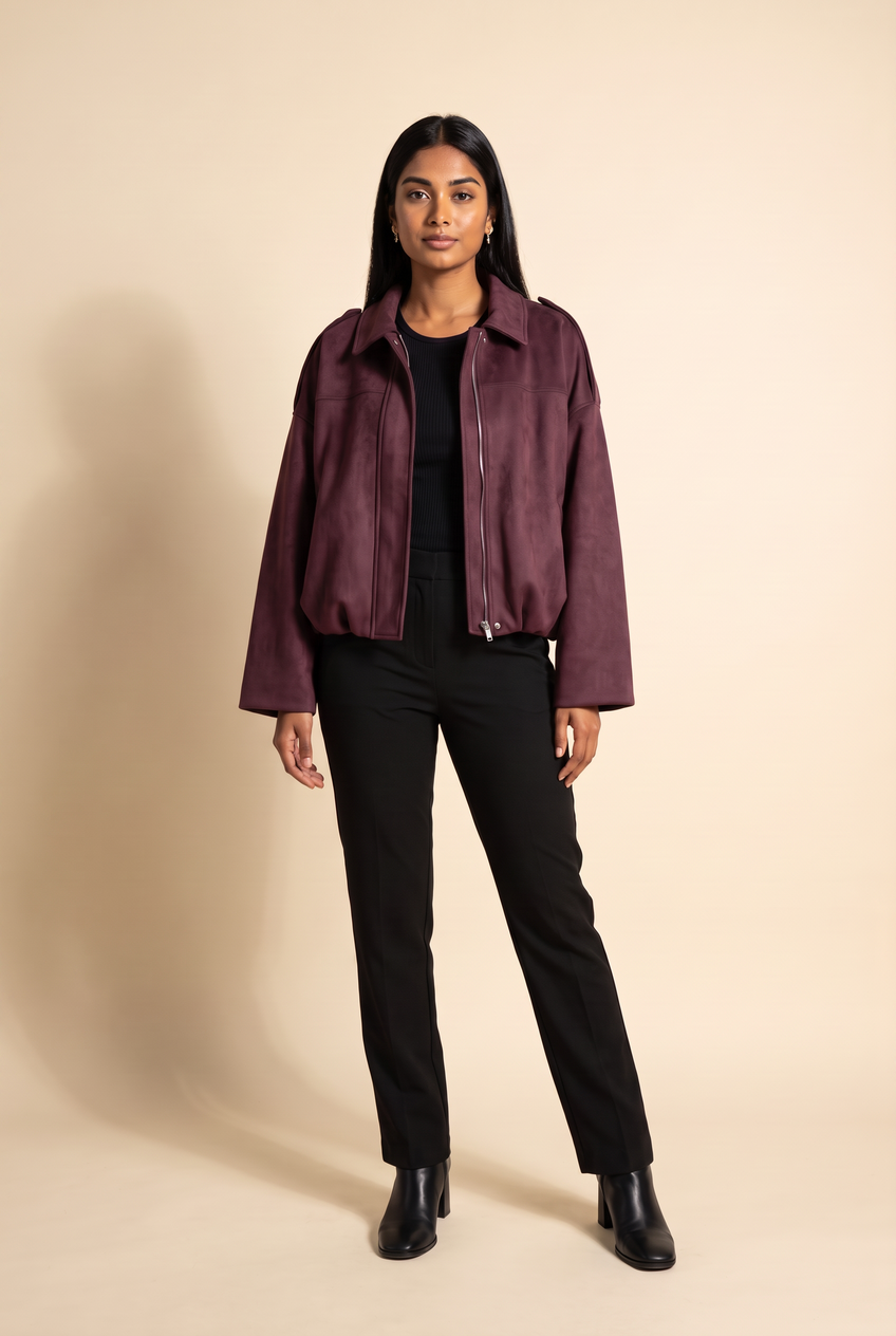 Kovelle faux suede bomber jacket in burgundy, front view on model