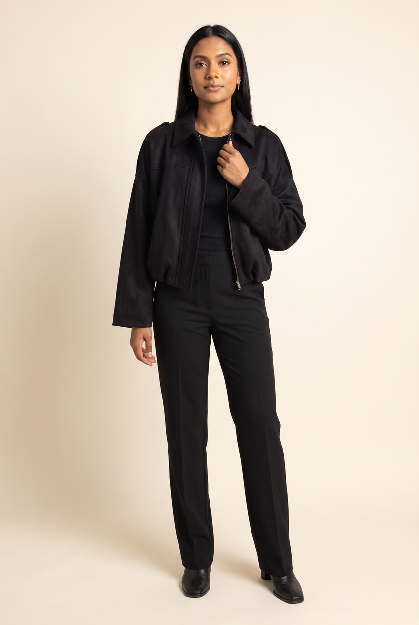 Kovelle faux suede bomber jacket in black, close-up detail on model