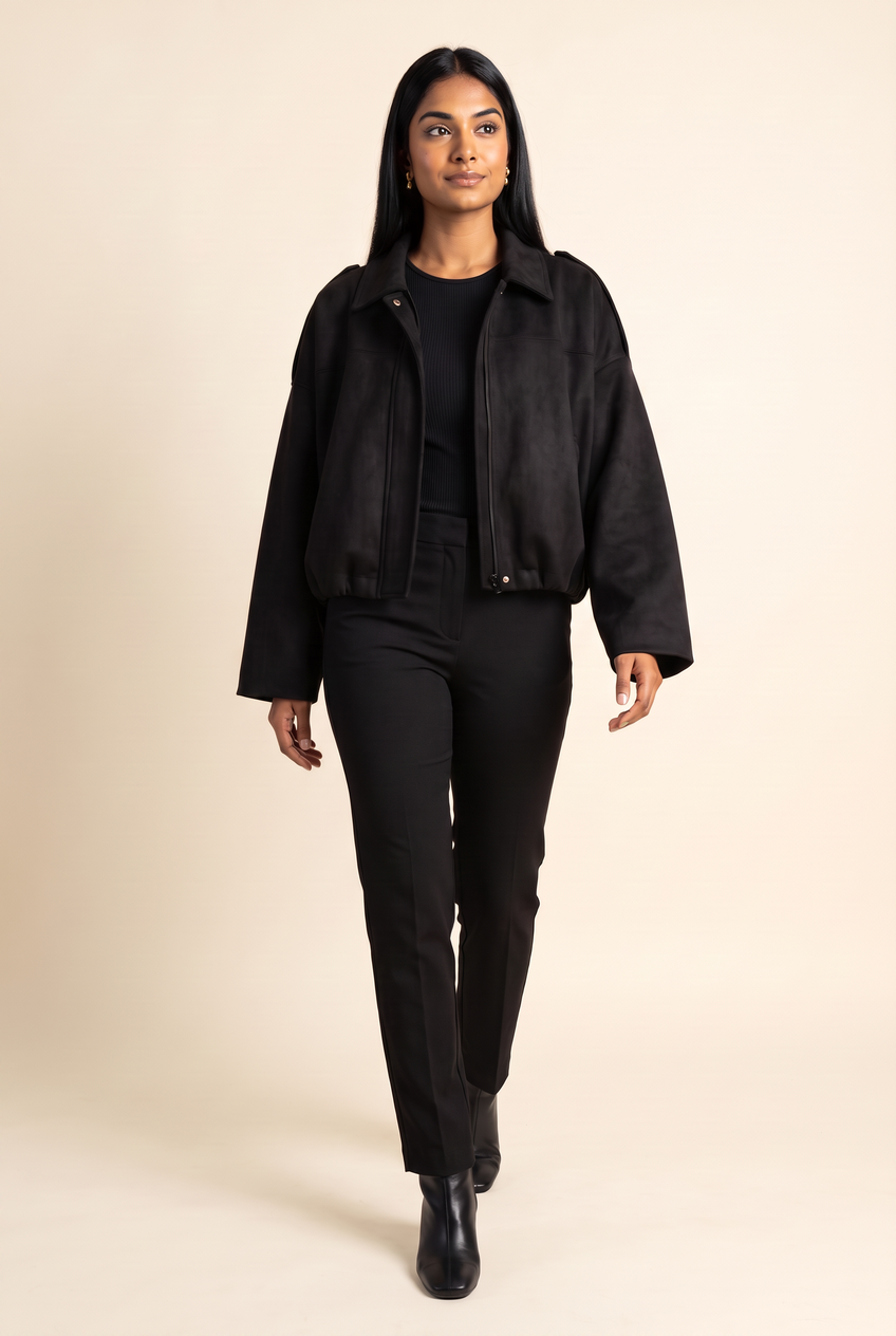 Kovelle faux suede bomber jacket in black, walking, full length on model