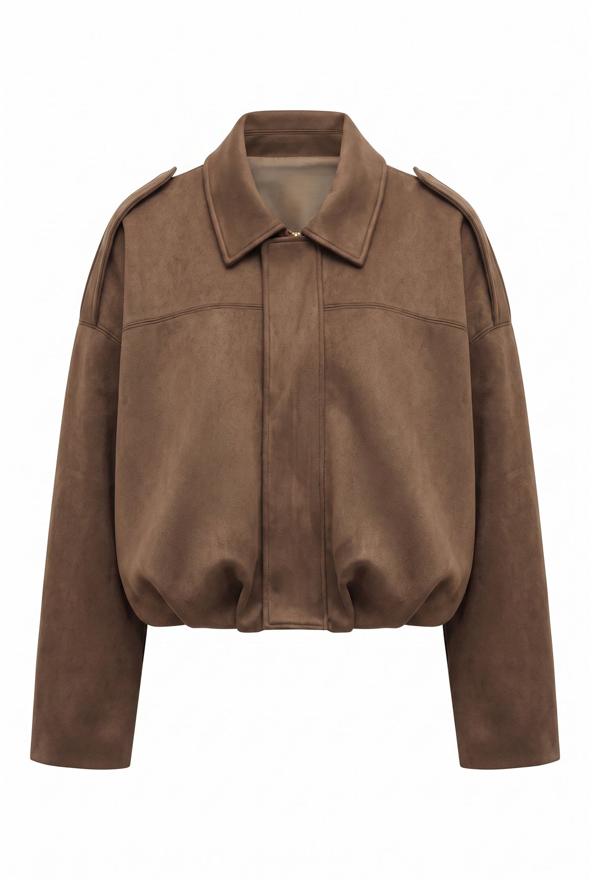 Kovelle faux suede bomber jacket in camel, flat product view