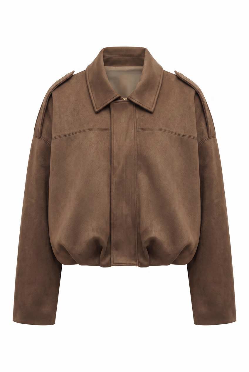 Kovelle faux suede bomber jacket in camel, flat product view