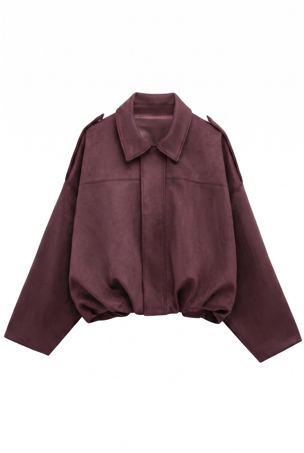Kovelle faux suede bomber jacket in burgundy, flat product view