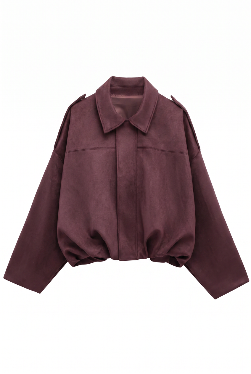 Kovelle faux suede bomber jacket in burgundy, flat product view