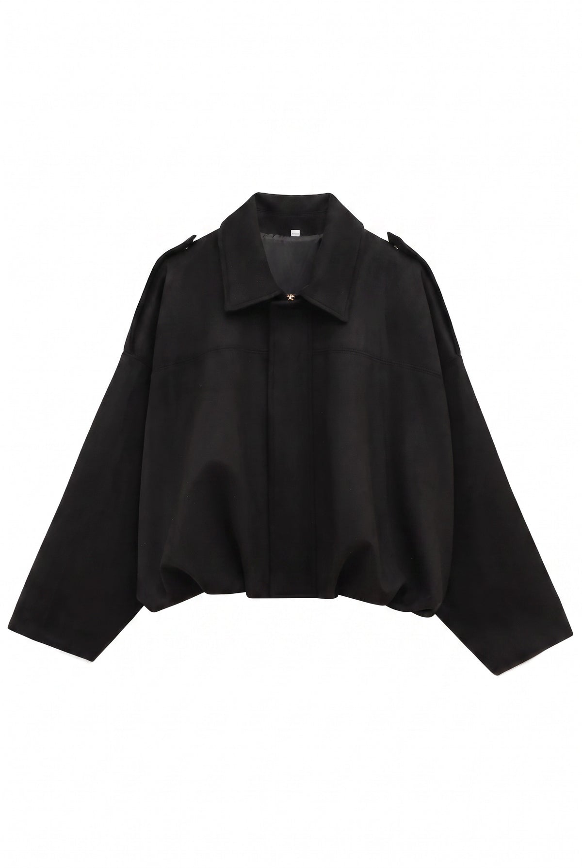 Kovelle faux suede bomber jacket in black, flat product view showing the full garment