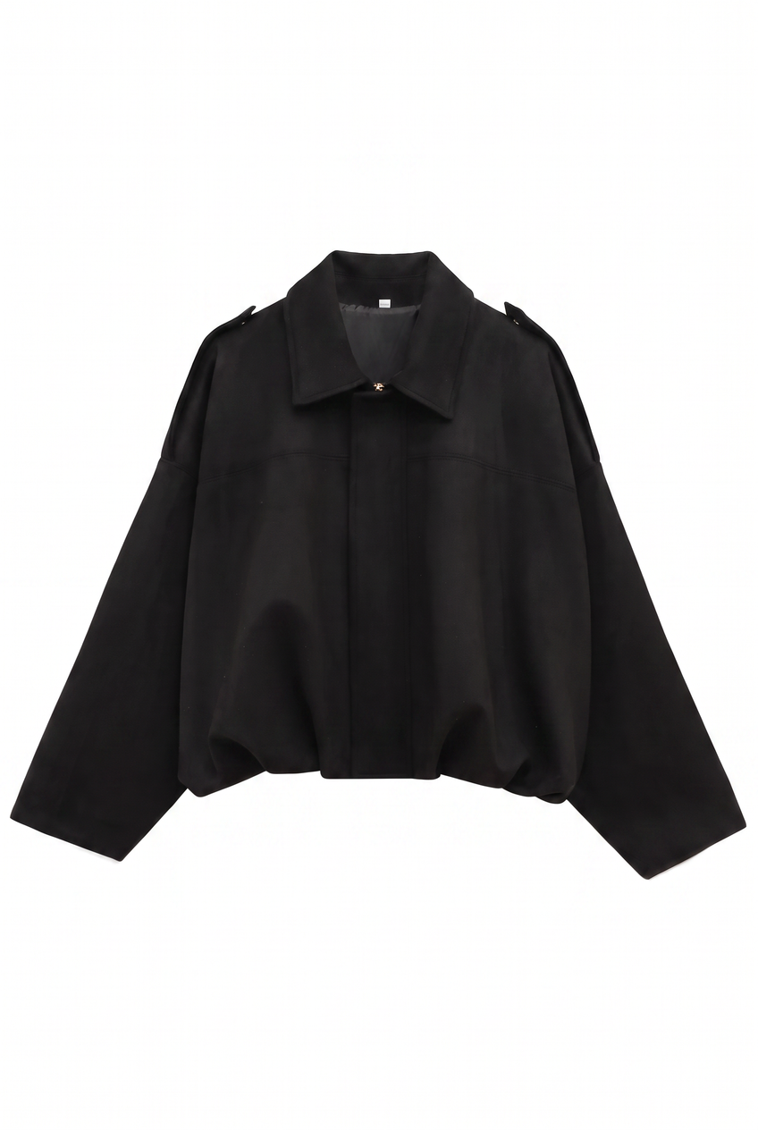 Kovelle faux suede bomber jacket in black, flat product view showing the full garment