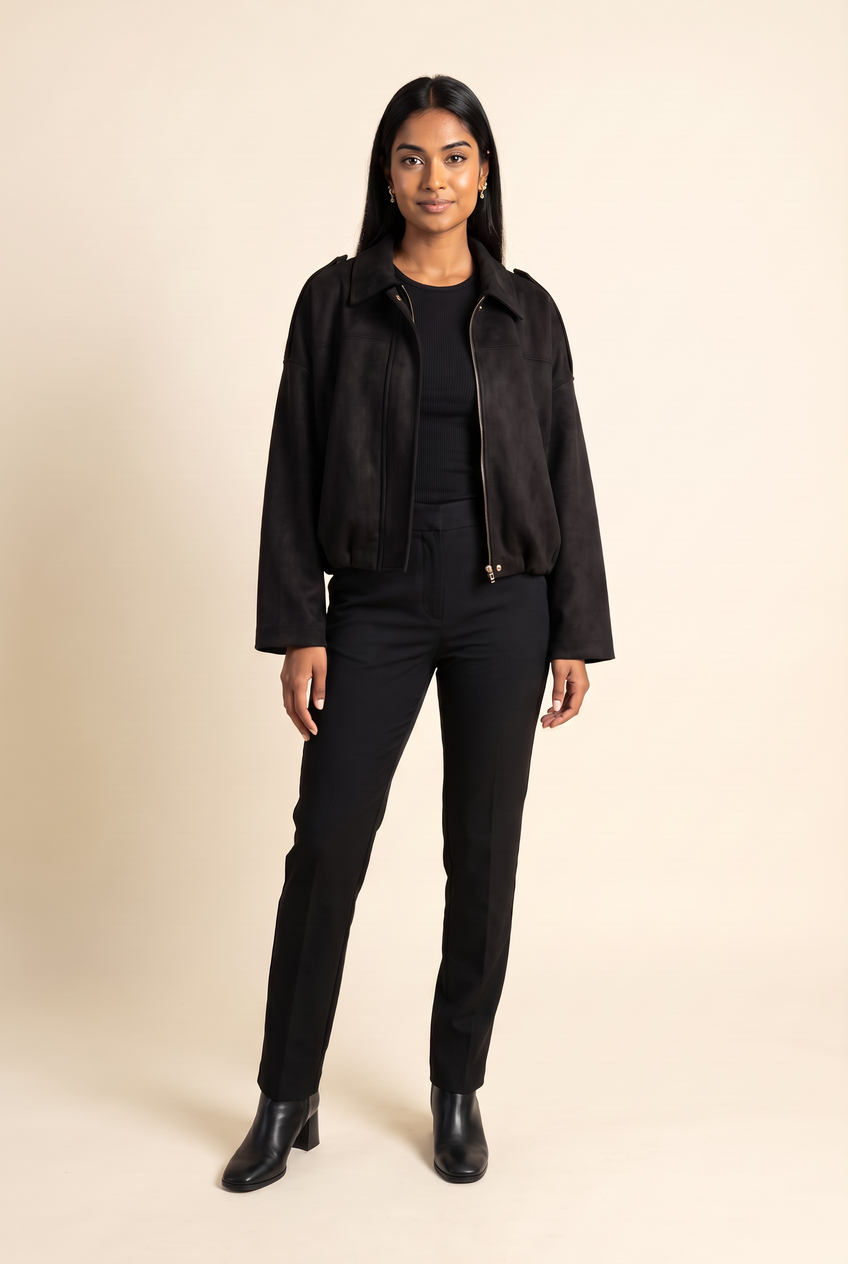 Kovelle faux suede bomber jacket in black, front view on model