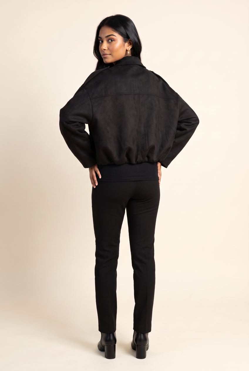 Kovelle faux suede bomber jacket in black, back view on model
