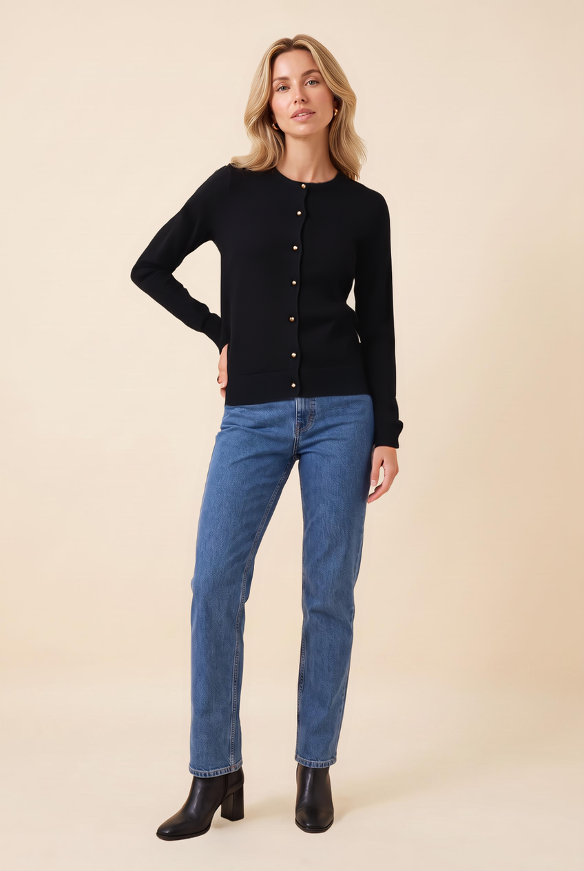 Kovelle fine knit cardigan in black, front view on model
