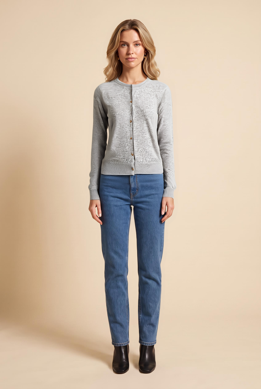 Kovelle fine knit cardigan in grey, front view on model