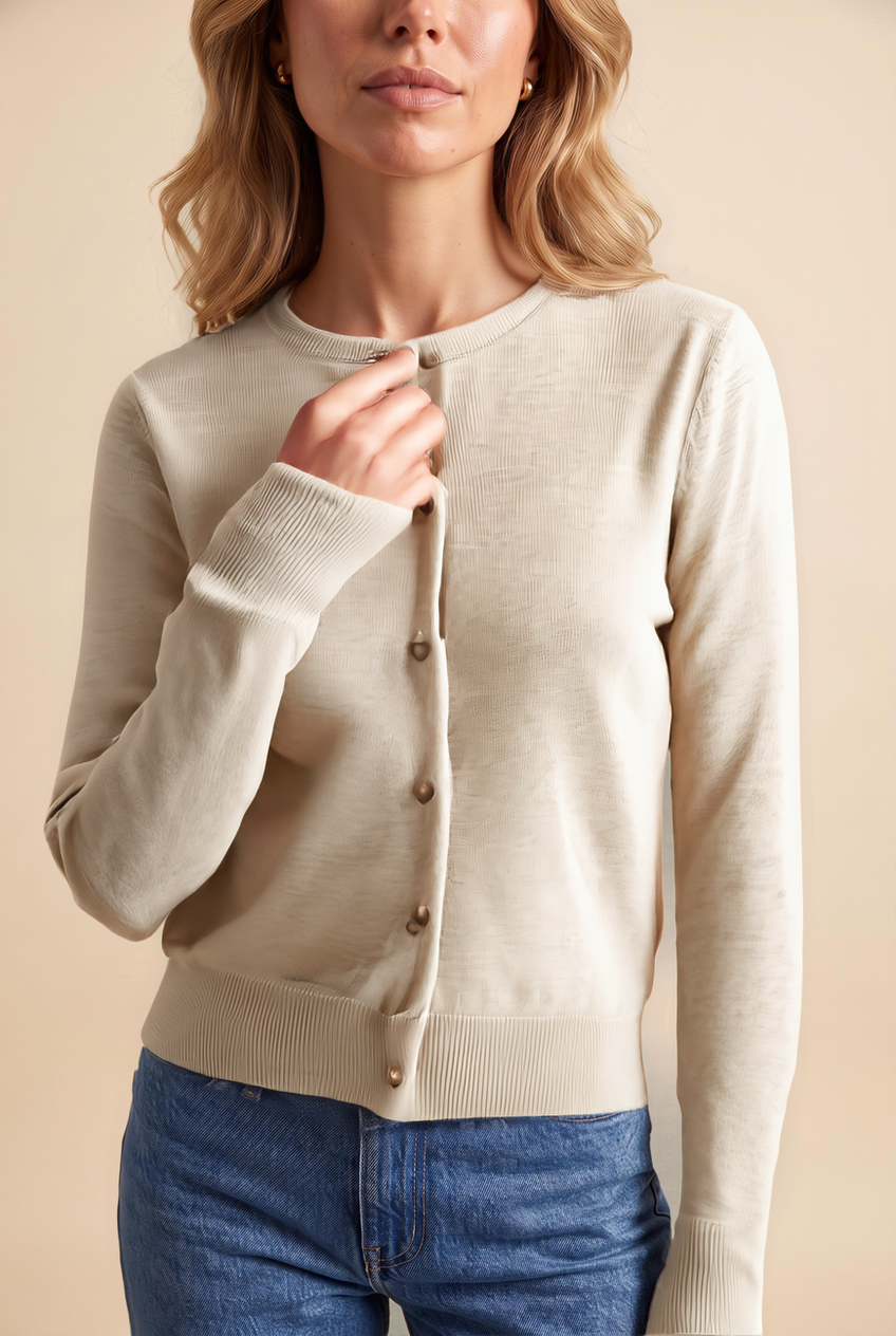 Kovelle fine knit cardigan in oatmeal, close-up detail on model