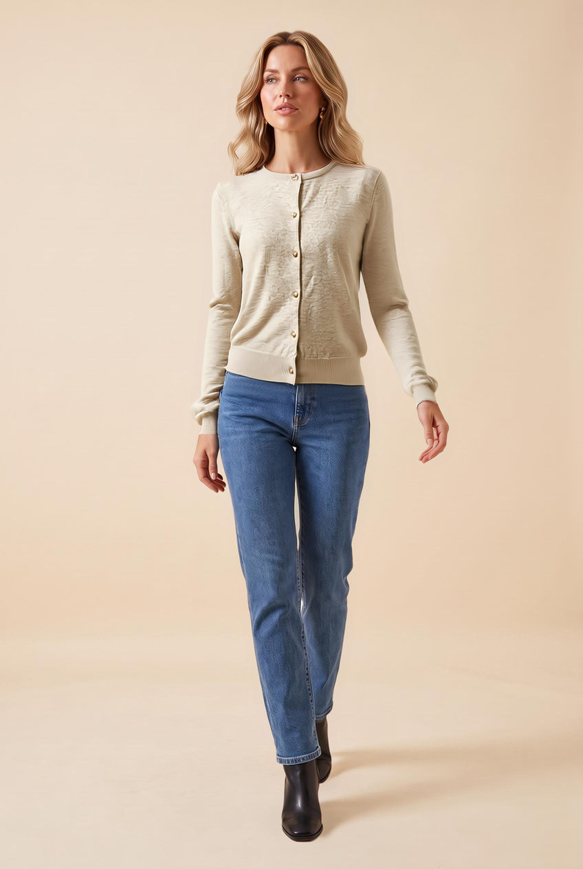 Kovelle fine knit cardigan in oatmeal, walking, full length on model