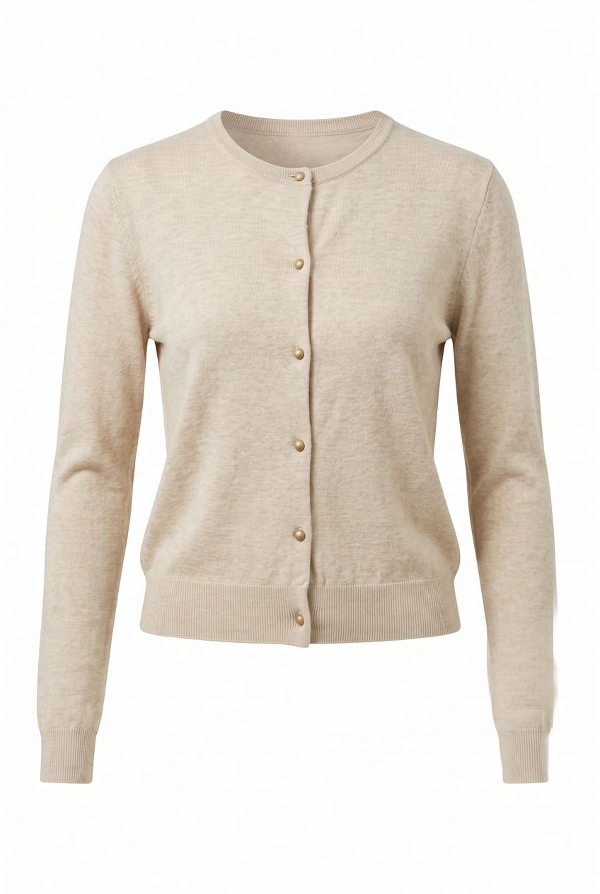 Kovelle fine knit cardigan in oatmeal, flat product view showing the full garment