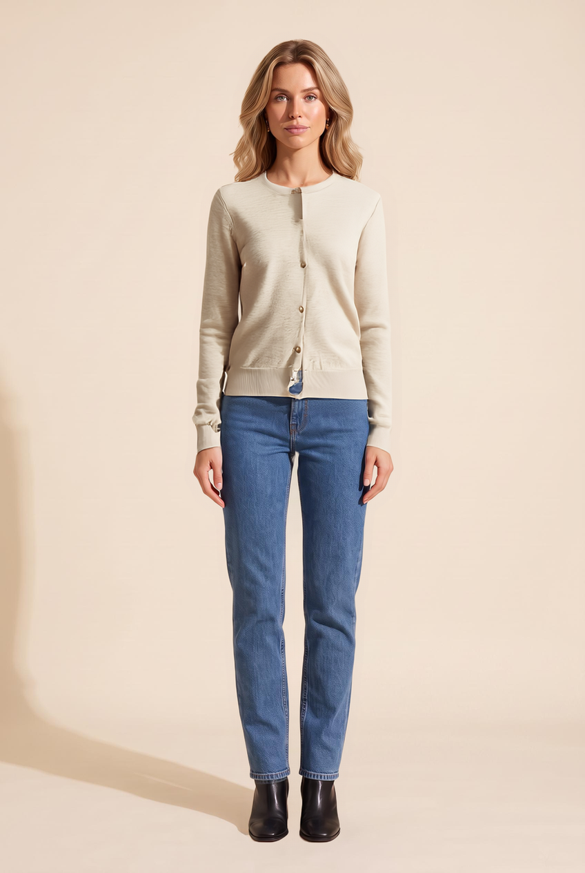 Kovelle fine knit cardigan in oatmeal, front view on model