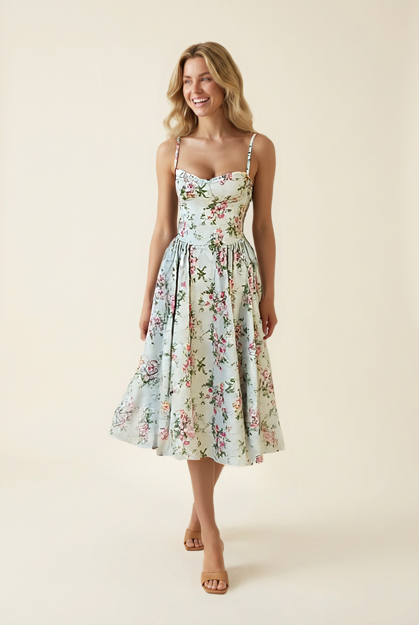 Kovelle floral corset A-line midi dress in sage floral, walking shot with full skirt movement on model