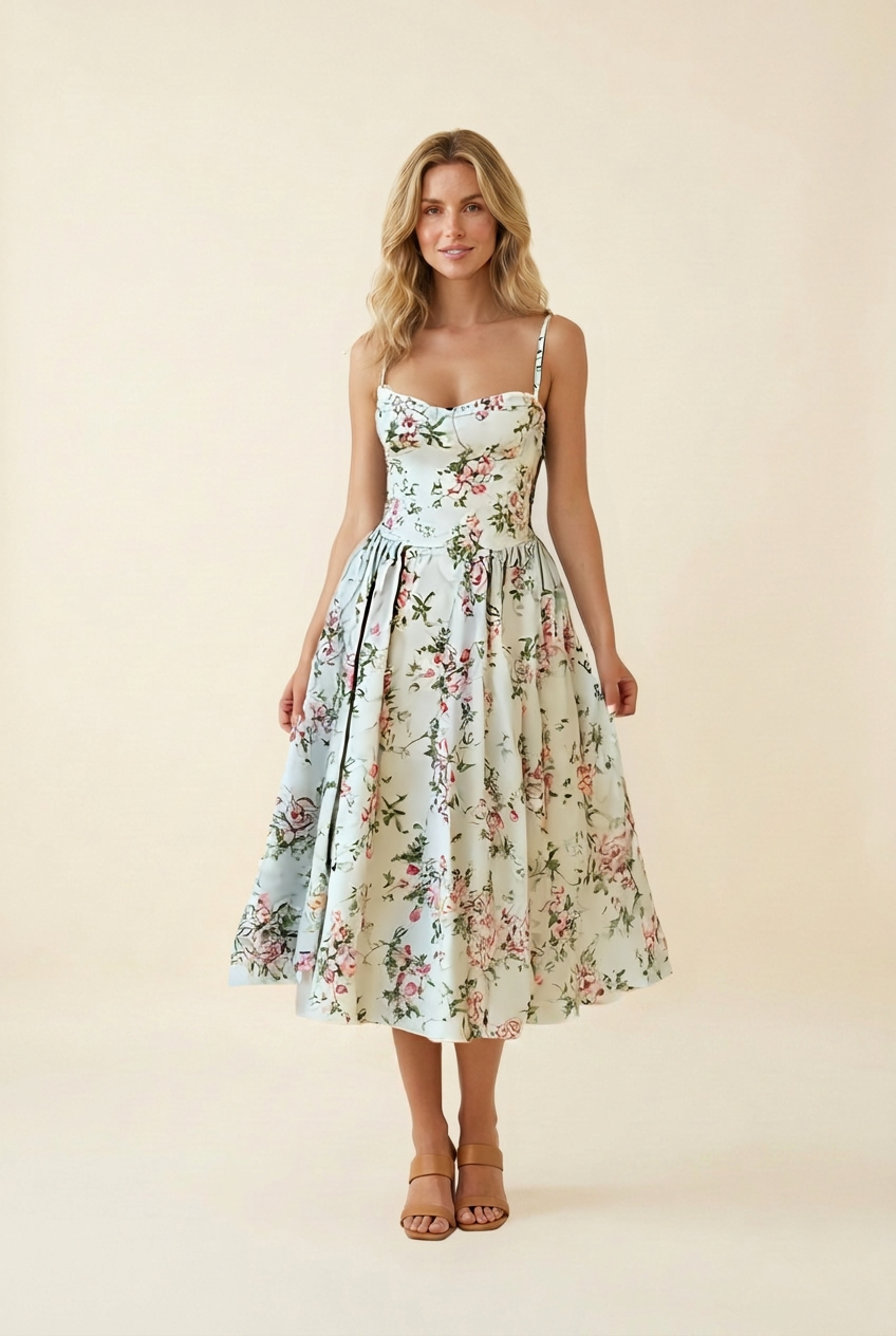 Kovelle floral corset A-line midi dress in sage floral, front view on model