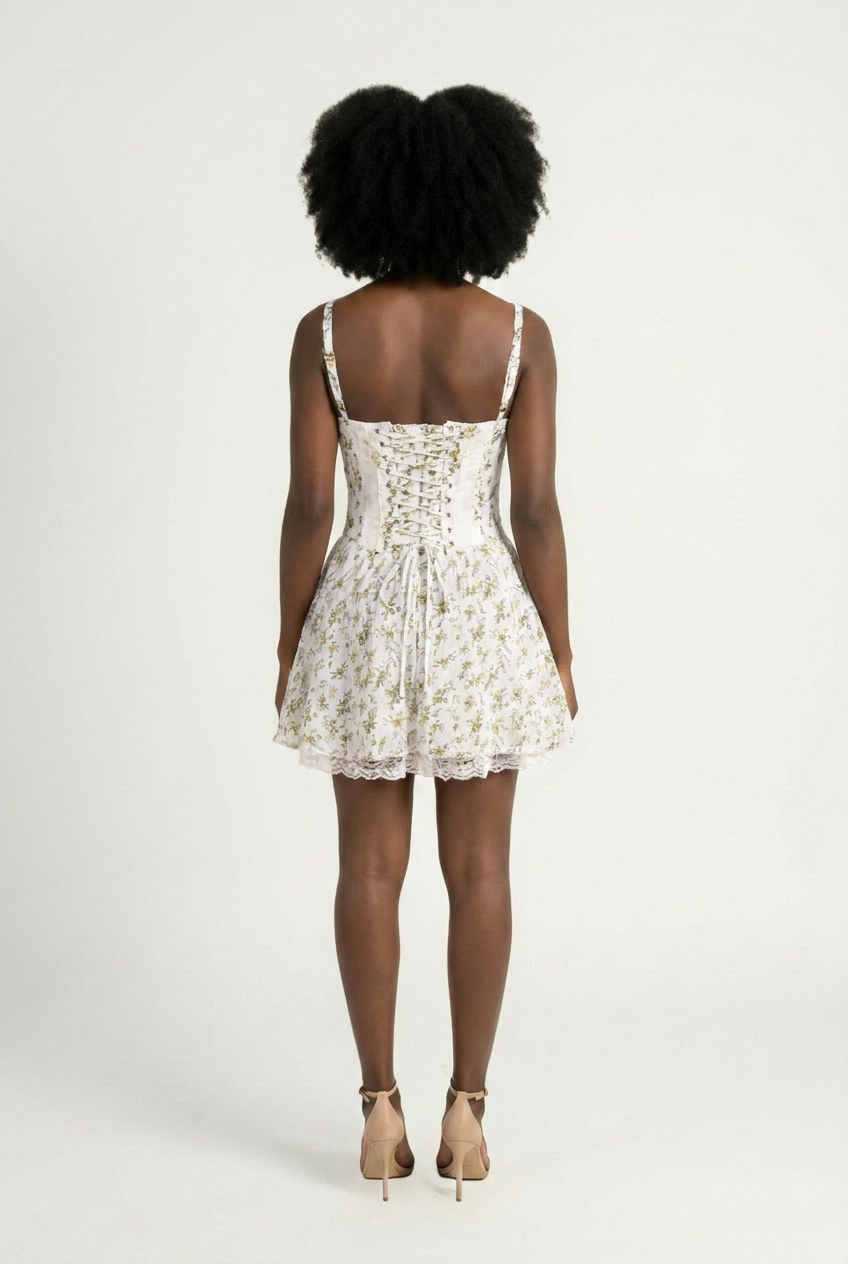 Kovelle floral corset lace-trim mini dress in white floral, lace-up corset back view, on model