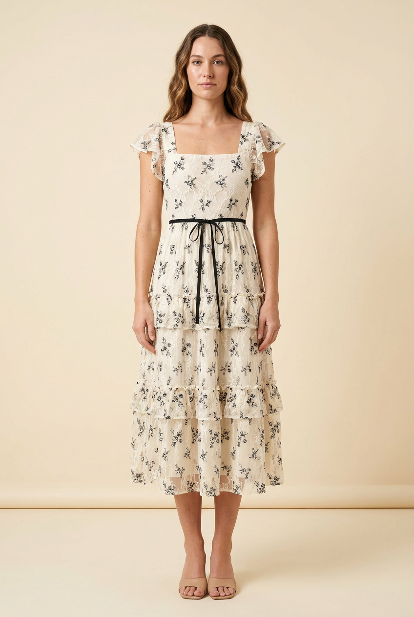 Kovelle floral embroidered lace midi dress in ivory, front, on model
