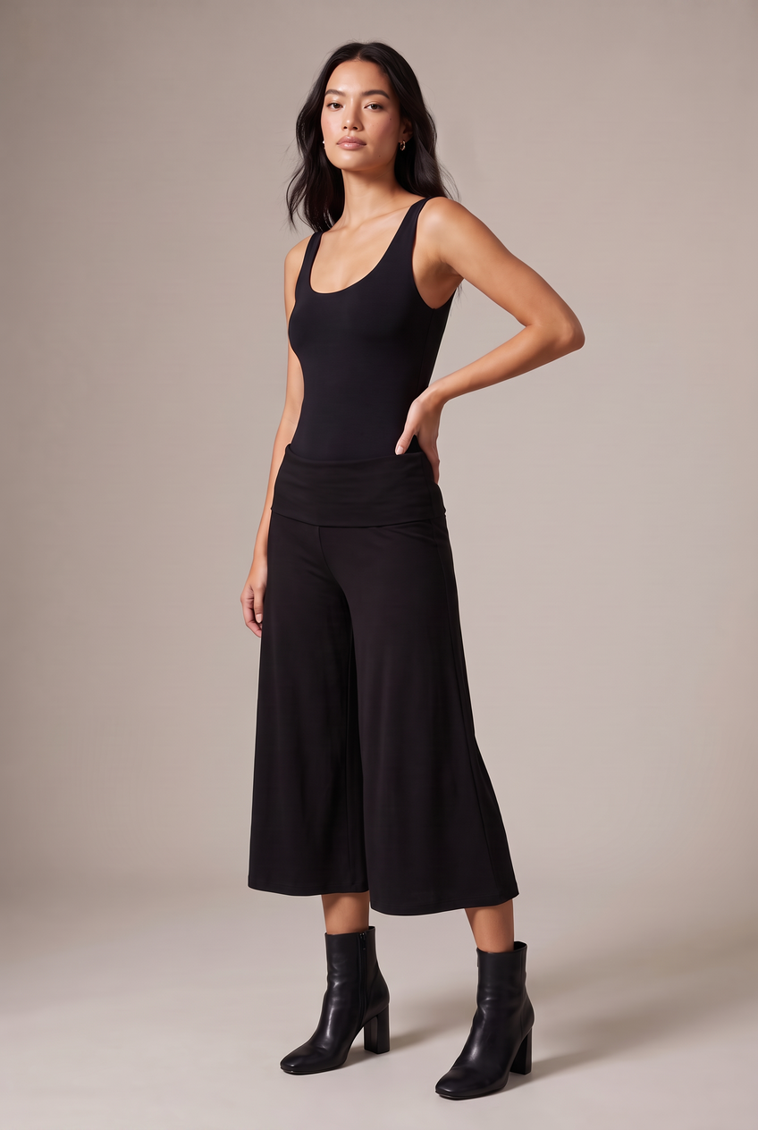 Kovelle fold-over waist trousers in black, front view on model